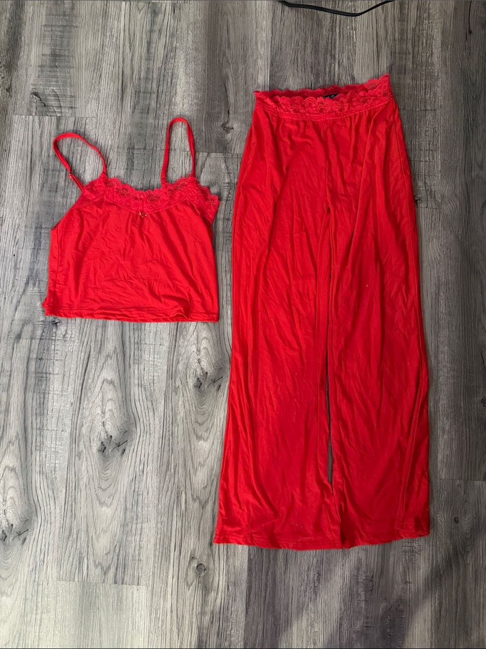 Fashion Nova Red Lace-Trim Cami and Wide-Leg Pajama Set
